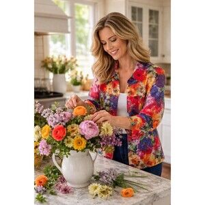 Erin London  Sheer Floral Print Linen Blend Jacket Size Large Colorful Whimsical